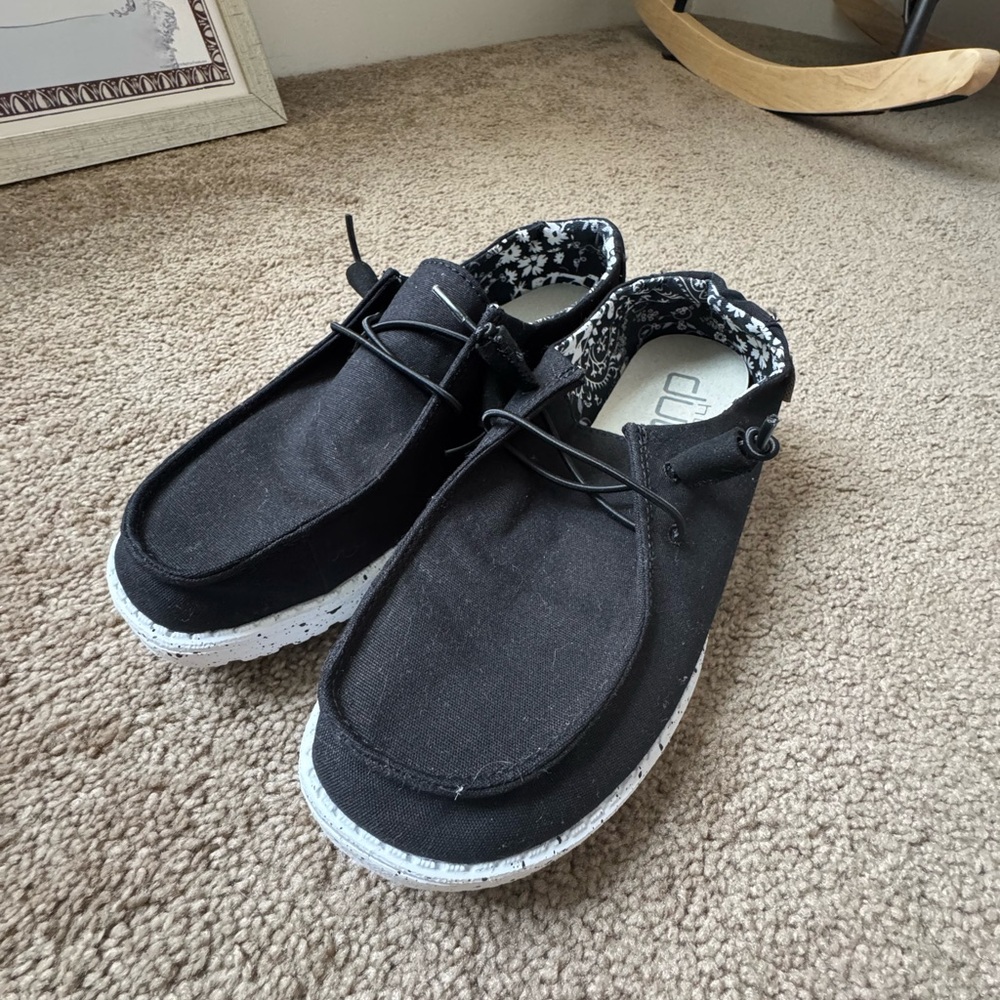 Hey Dude Black Canvas Slip-On Loafers with Printed Liner